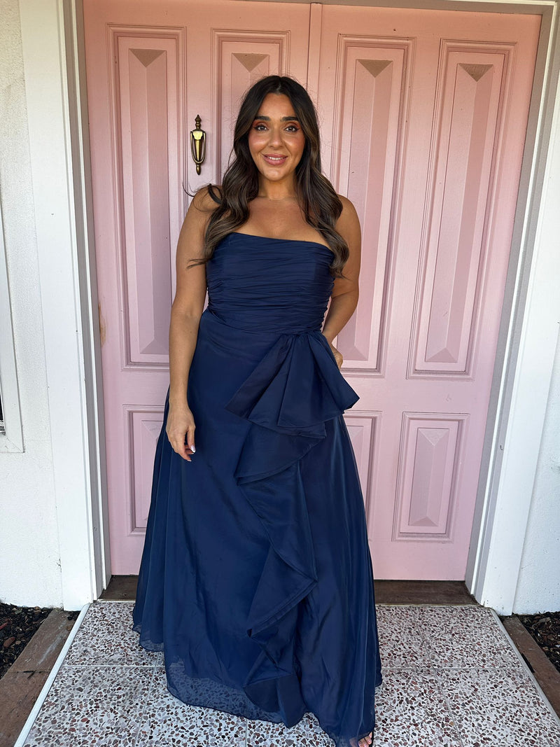 Bariano Blaire Strapless Cascading Ruffle Gown | Navy