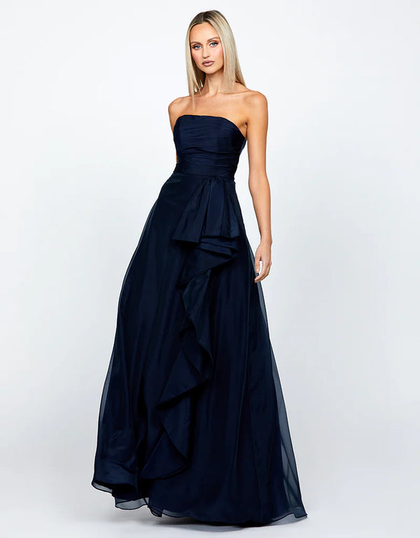 Bariano Blaire Strapless Cascading Ruffle Gown | Navy