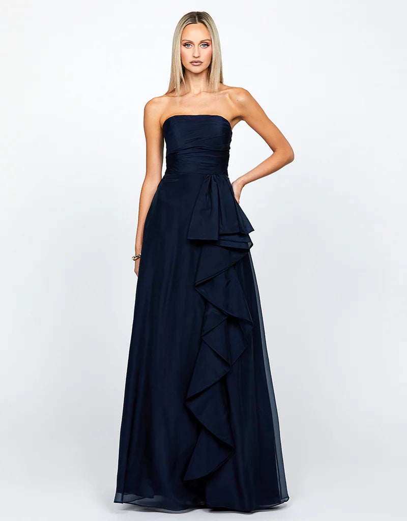 Bariano Blaire Strapless Cascading Ruffle Gown | Navy