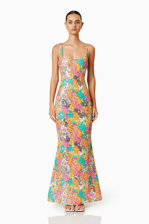 Elliatt Tiki Floral Sequin Fitted Maxi Dress In Multi