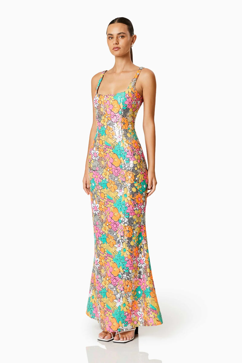 Elliatt Tiki Floral Sequin Fitted Maxi Dress In Multi