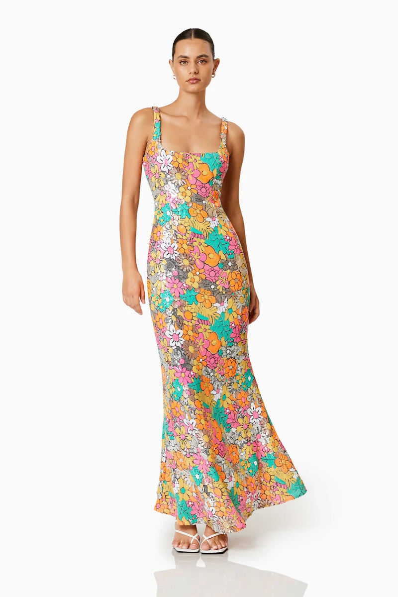 Elliatt Tiki Floral Sequin Fitted Maxi Dress In Multi