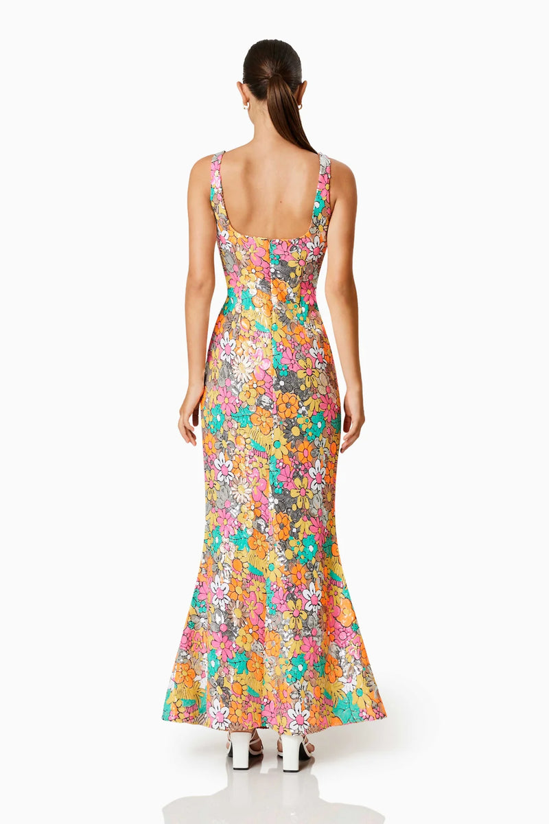 Elliatt Tiki Floral Sequin Fitted Maxi Dress In Multi