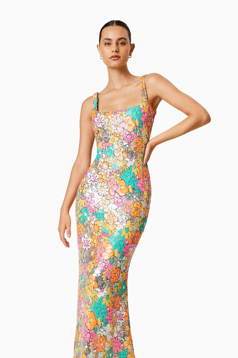 Elliatt Tiki Floral Sequin Fitted Maxi Dress In Multi