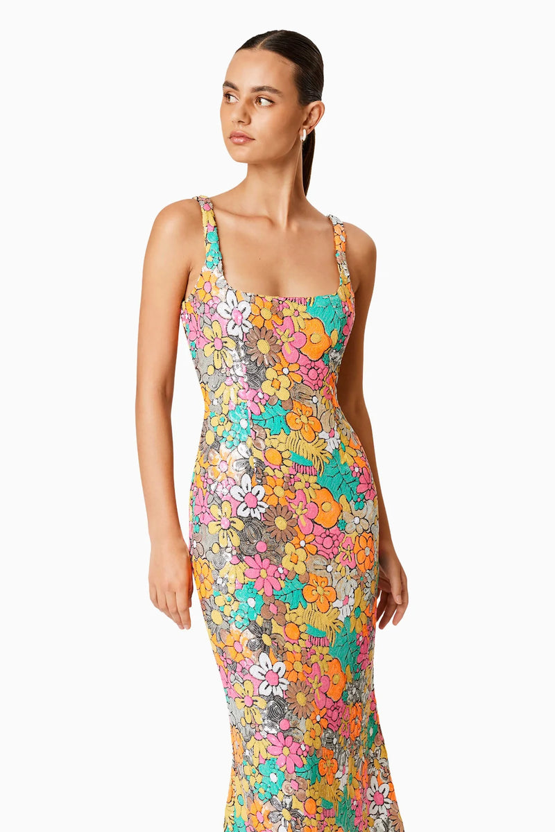 Elliatt Tiki Floral Sequin Fitted Maxi Dress In Multi