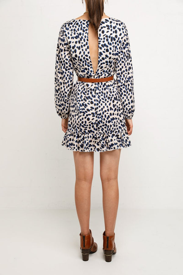 Winnie Long Sleeve Mini Faux Wrap Dress In Leopard